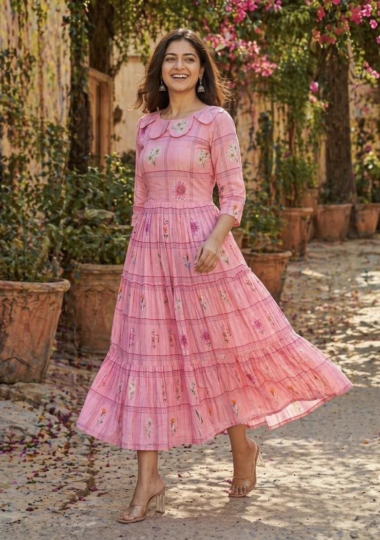 Pink Printed Silk Anarkali With Dupatta - Indya