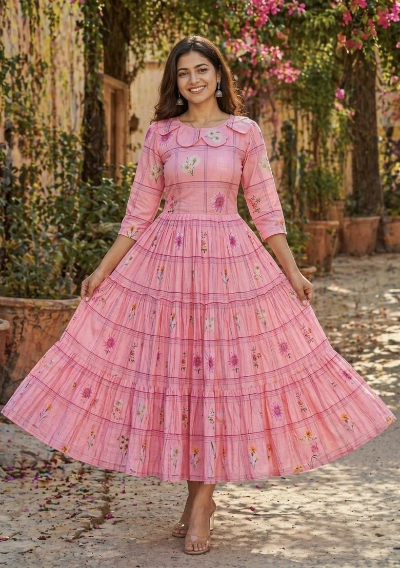 Pink Printed Silk Anarkali With Dupatta - Indya