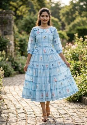 Sky Blue Printed Silk Anarkali With Dupatta