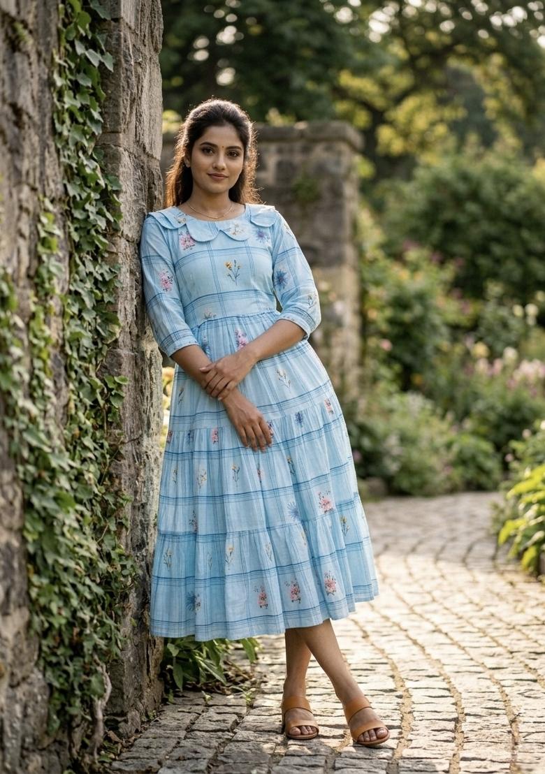 Sky Blue Printed Silk Anarkali With Dupatta - Indya