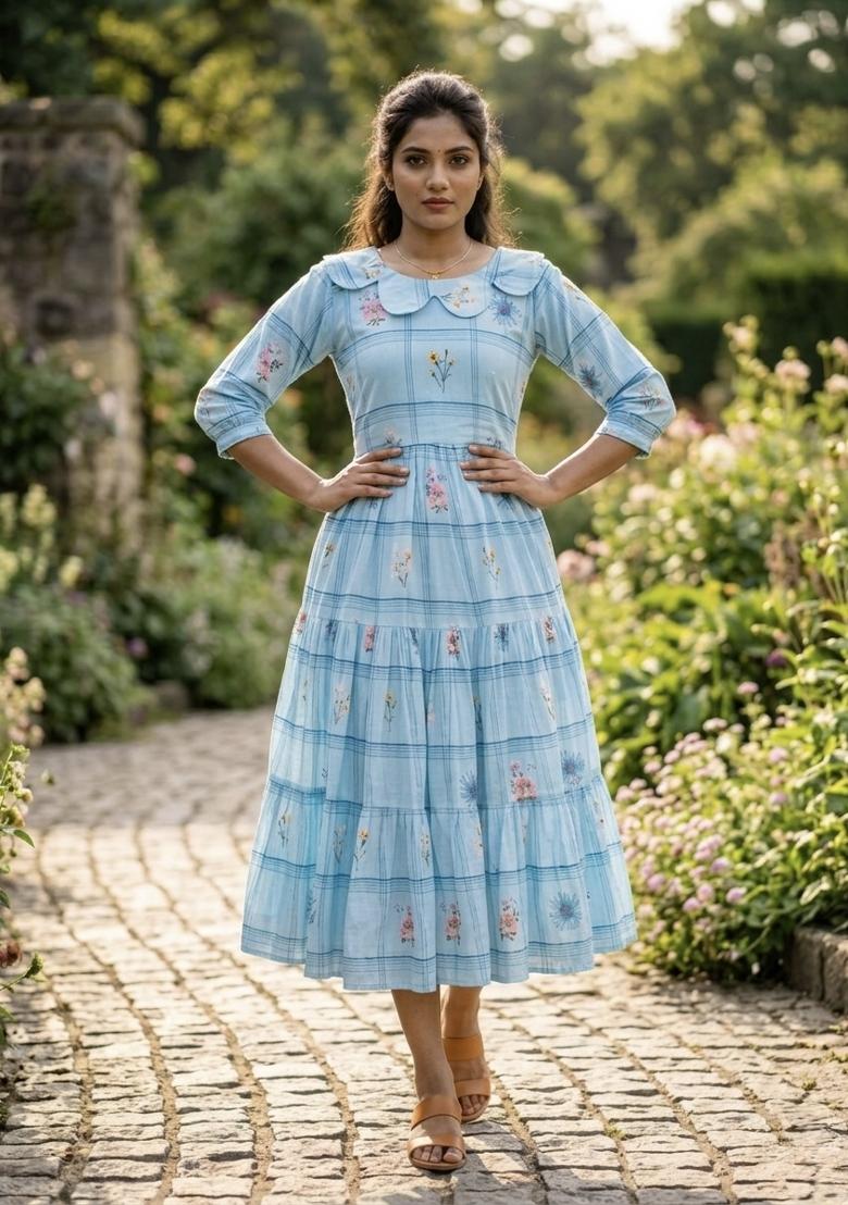 Sky Blue Printed Silk Anarkali With Dupatta - Indya