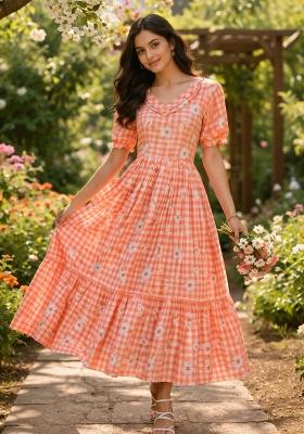 Orange Printed Silk Anarkali With Dupatta