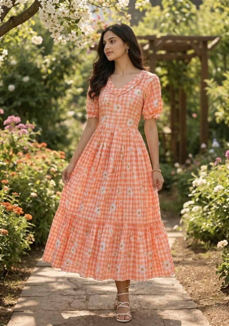 Orange Printed Silk Anarkali With Dupatta - Indya