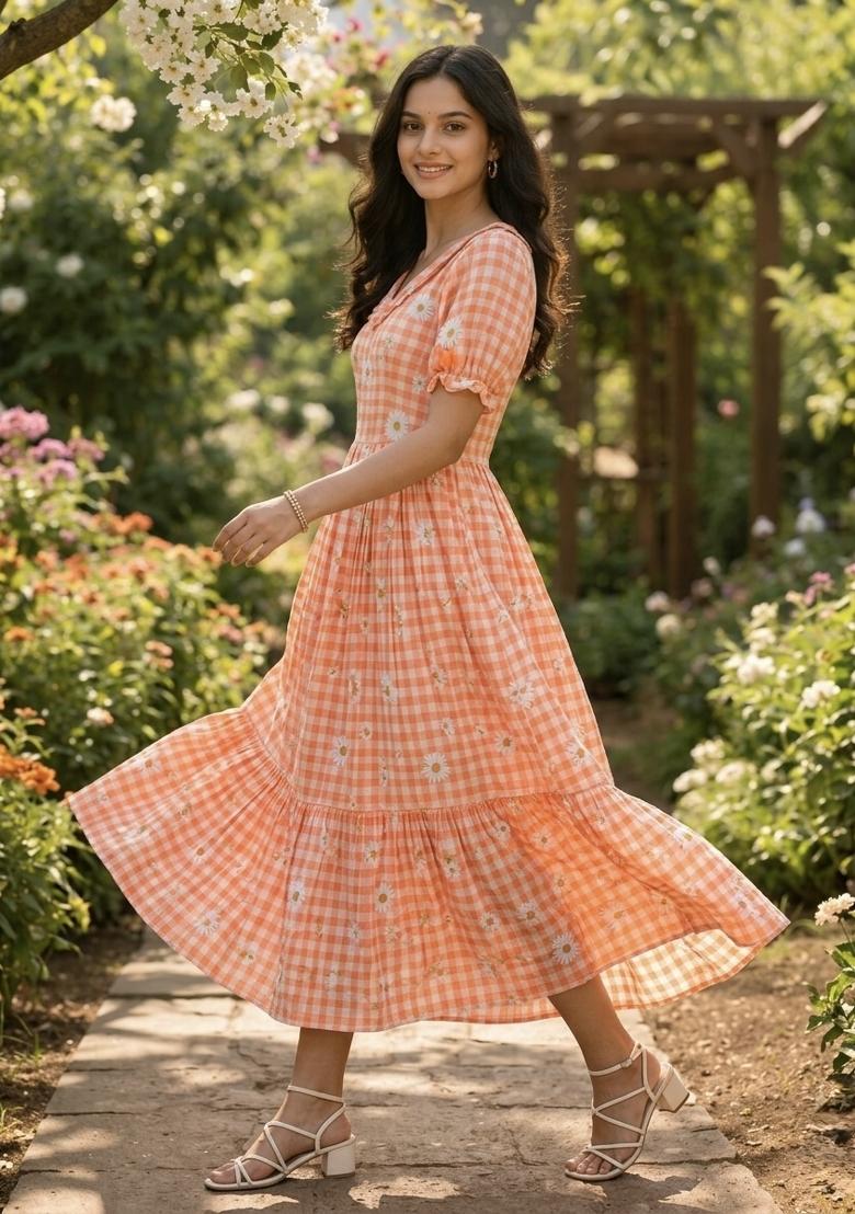 Orange Printed Silk Anarkali With Dupatta - Indya