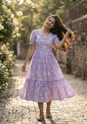 Purple Printed Silk Anarkali With Dupatta