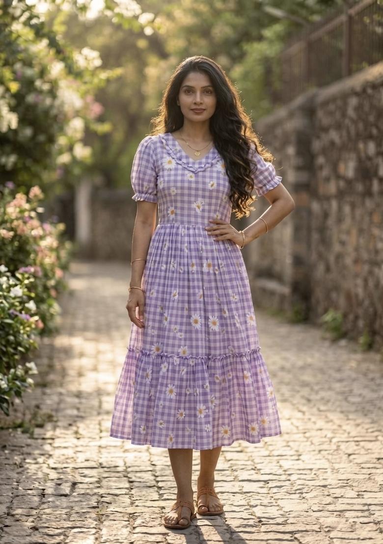 Purple Printed Silk Anarkali With Dupatta - Indya