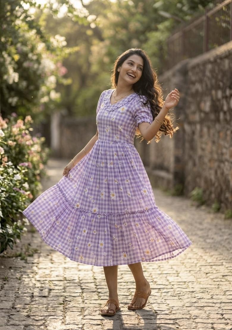 Purple Printed Silk Anarkali With Dupatta - Indya