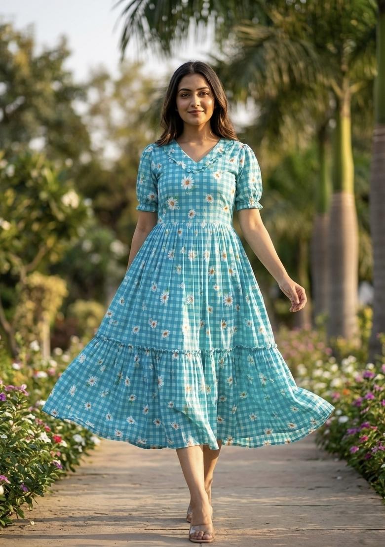 Sky Blue Printed Silk Anarkali With Dupatta - Indya