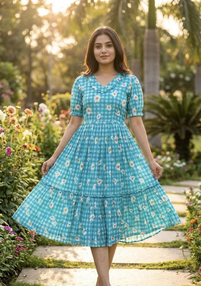 Sky Blue Printed Silk Anarkali With Dupatta - Indya