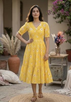 Yellow Printed Silk Anarkali With Dupatta
