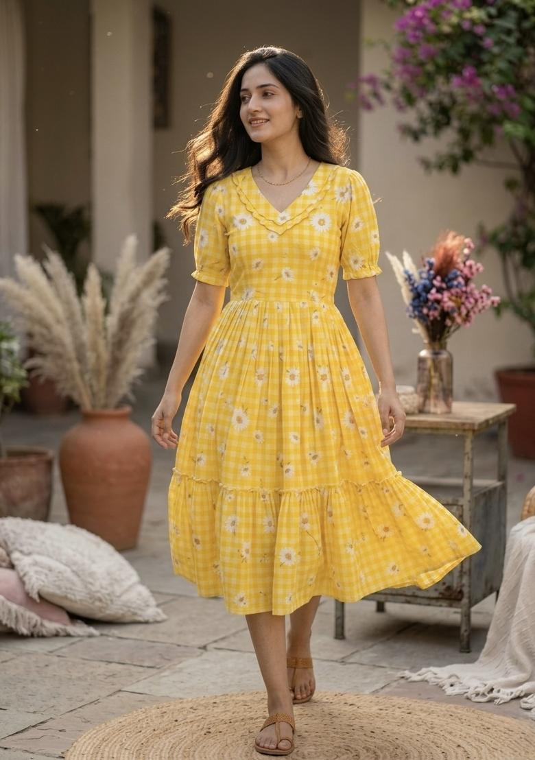 Yellow Printed Silk Anarkali With Dupatta - Indya