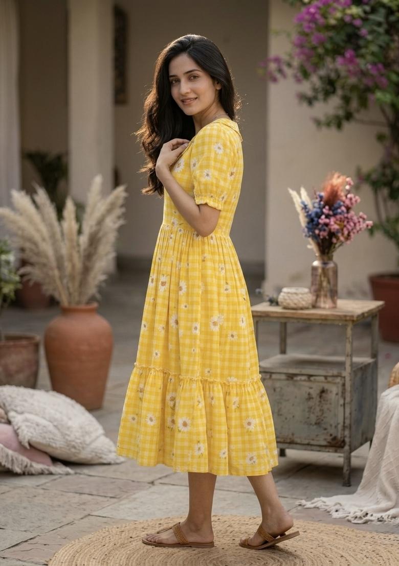 Yellow Printed Silk Anarkali With Dupatta - Indya