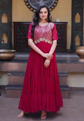 Pink Embroidered Faux Blooming Anarkali With Dupatta