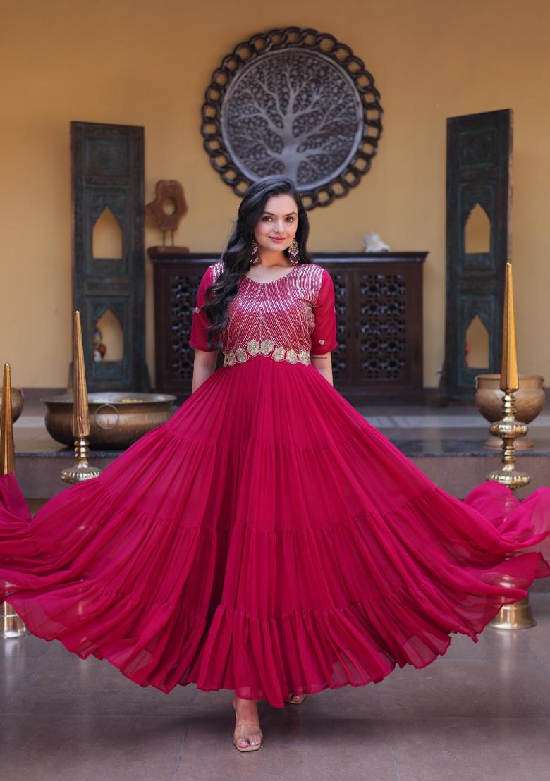 Pink Embroidered Faux Blooming Anarkali With Dupatta - Indya