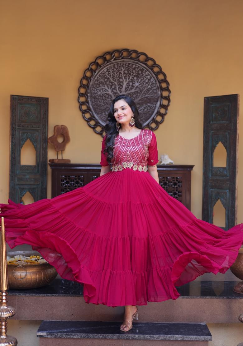 Pink Embroidered Faux Blooming Anarkali With Dupatta - Indya