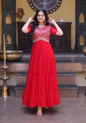 Red Embroidered Faux Blooming Anarkali With Dupatta