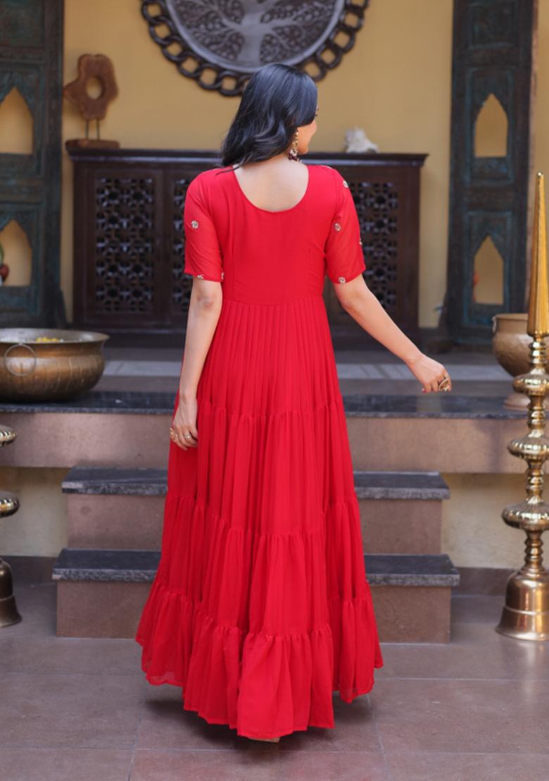 Red Embroidered Faux Blooming Anarkali With Dupatta - Indya