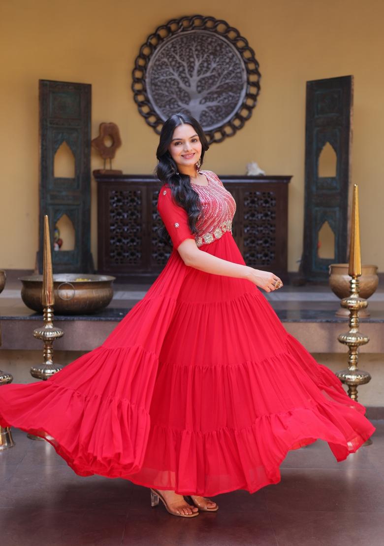 Red Embroidered Faux Blooming Anarkali With Dupatta - Indya