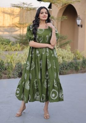 Green Printed Cotton Anarkali With Dupatta