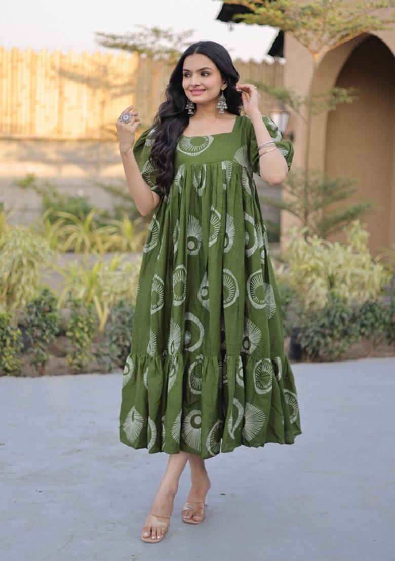 Green Printed Cotton Anarkali With Dupatta - Indya