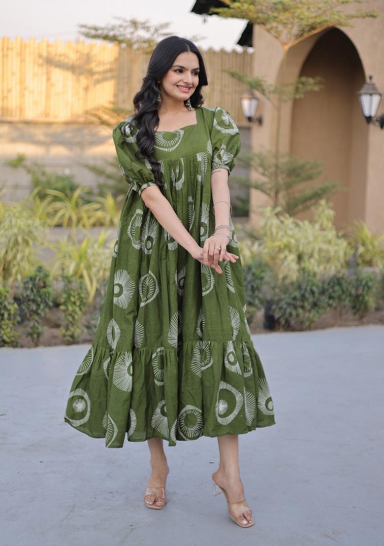 Green Printed Cotton Anarkali With Dupatta - Indya