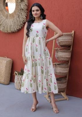 Off White Printed Cotton Anarkali With Dupatta