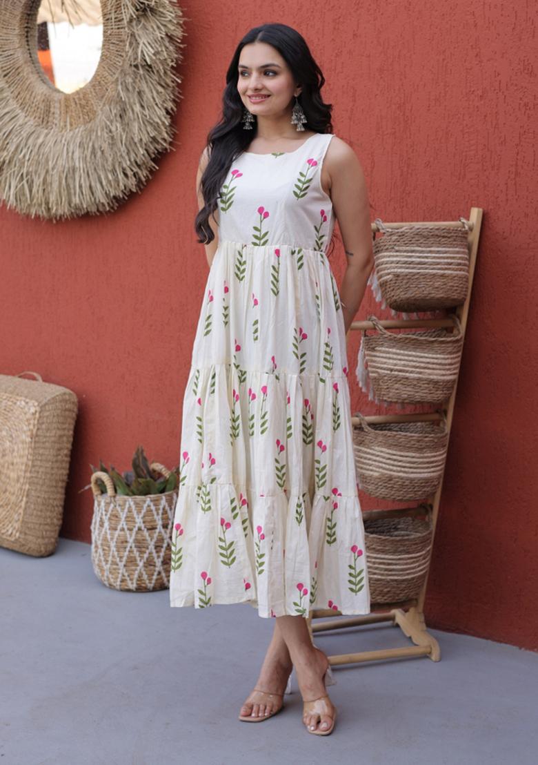 Off White Printed Cotton Anarkali With Dupatta - Indya