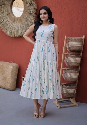 Off White Printed Cotton Anarkali With Dupatta