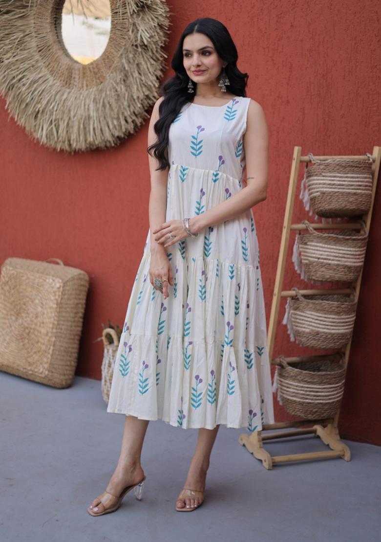 Off White Printed Cotton Anarkali With Dupatta - Indya