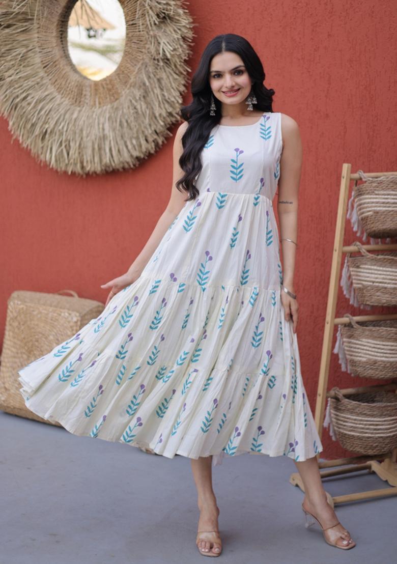 Off White Printed Cotton Anarkali With Dupatta - Indya