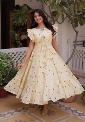 Cream Embroidered Cotton Anarkali With Dupatta