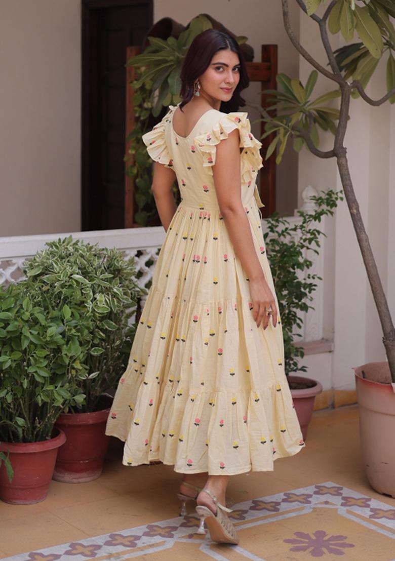 Cream Embroidered Cotton Anarkali With Dupatta - Indya