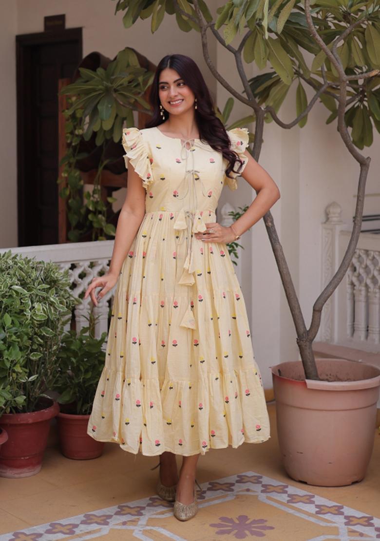 Cream Embroidered Cotton Anarkali With Dupatta - Indya