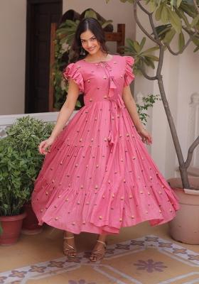 Pink Embroidered Cotton Anarkali With Dupatta