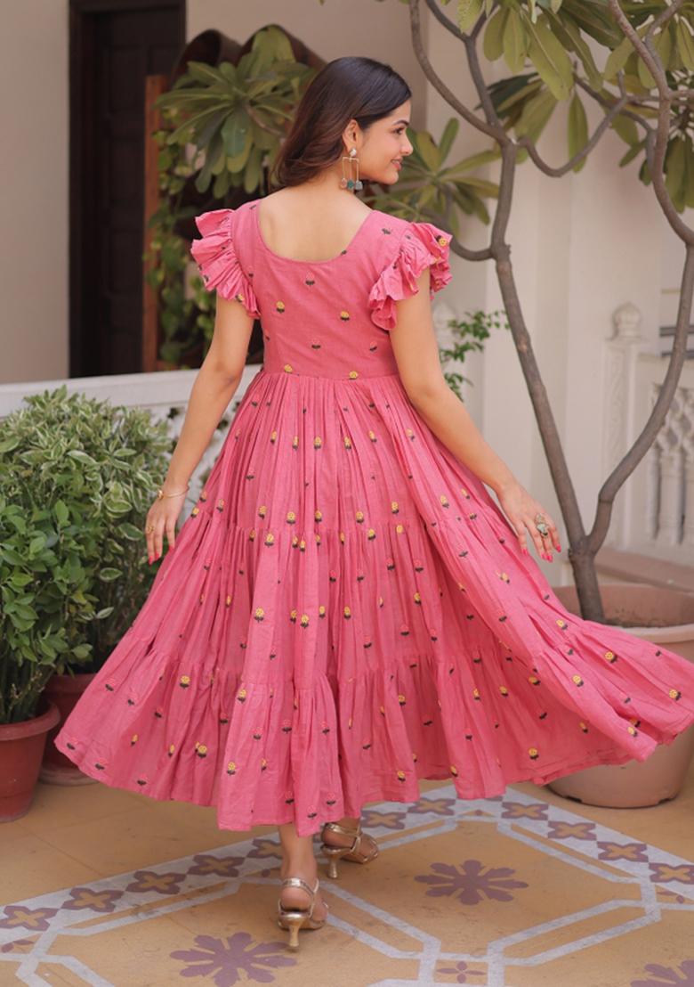Pink Embroidered Cotton Anarkali With Dupatta - Indya