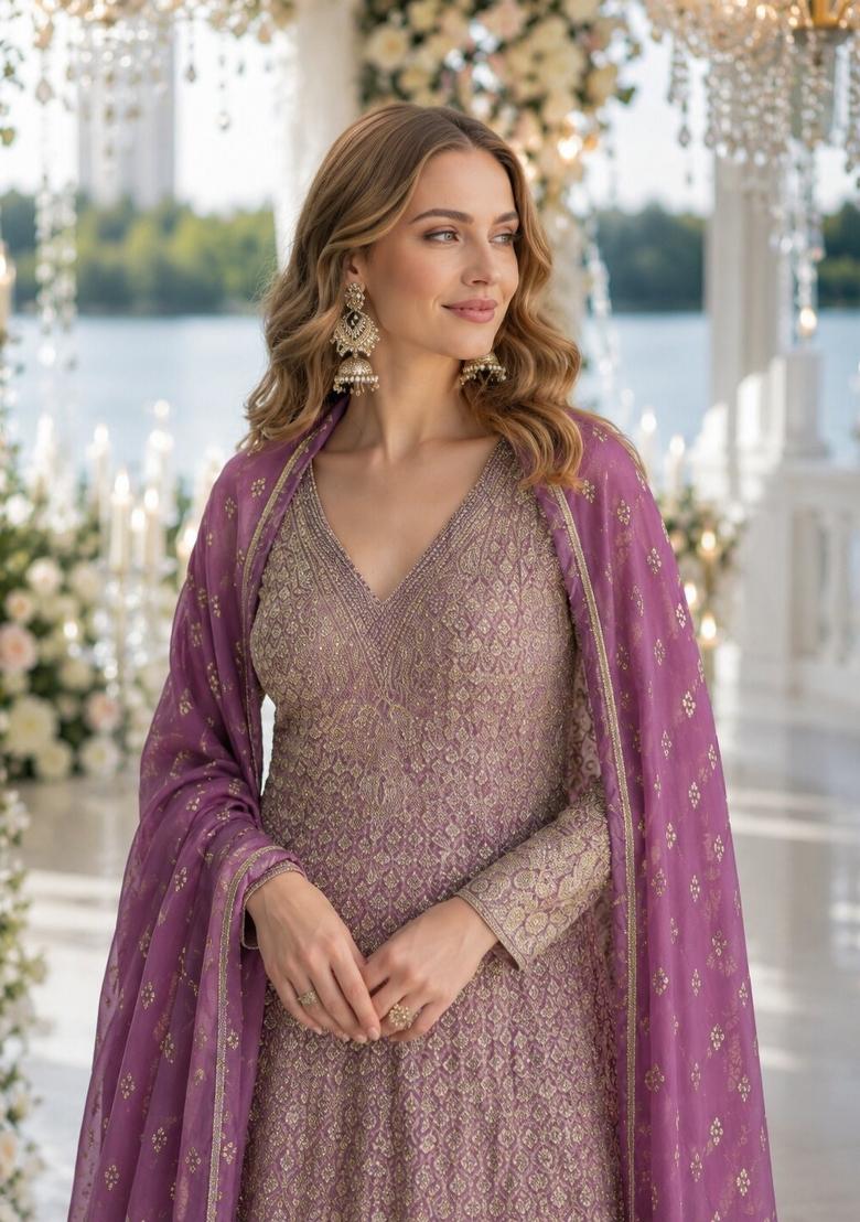 Lavender Embroidered Georgette Kurta Set - Indya