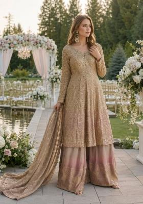 Beige Embroidered Georgette Kurta Set