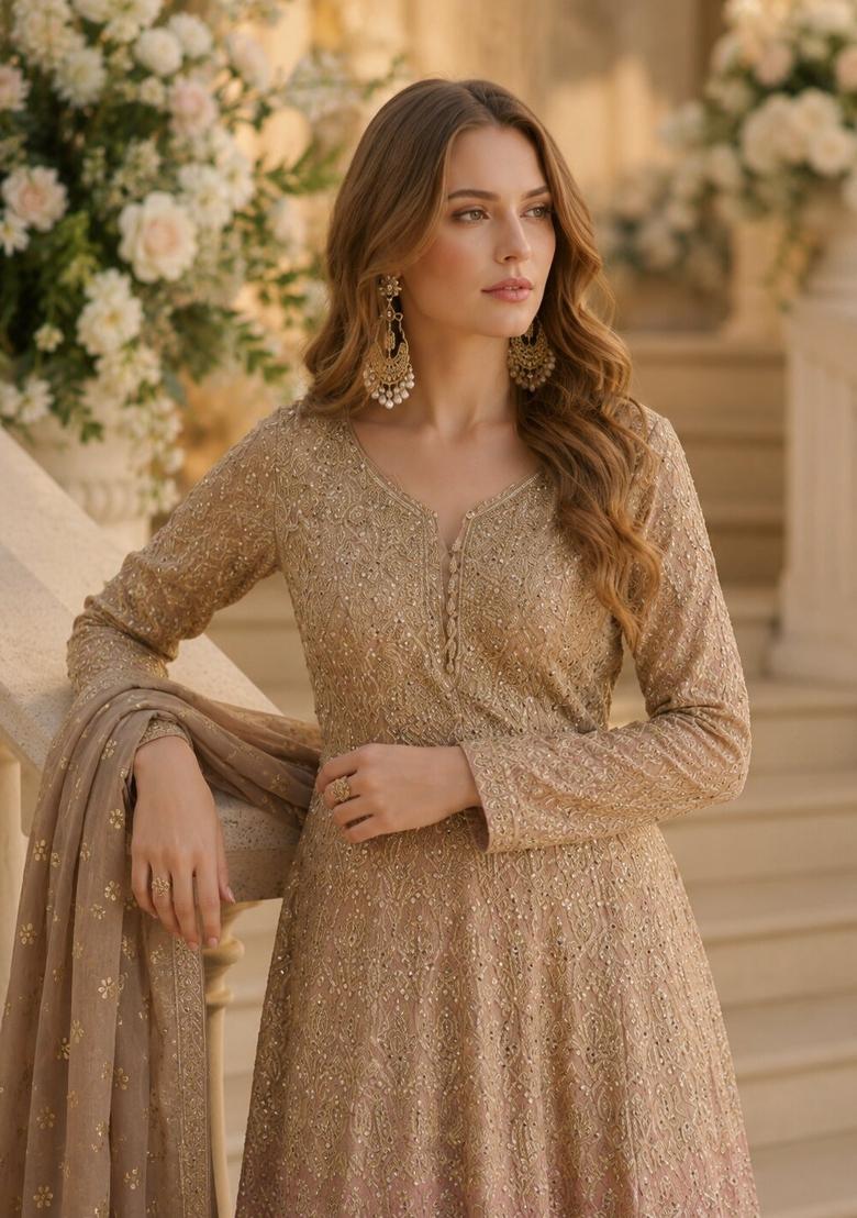 Beige Embroidered Georgette Kurta Set - Indya