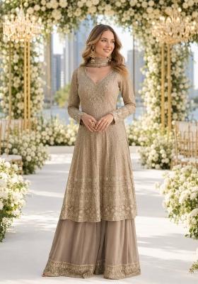 Beige Embroidered Georgette Kurta Set