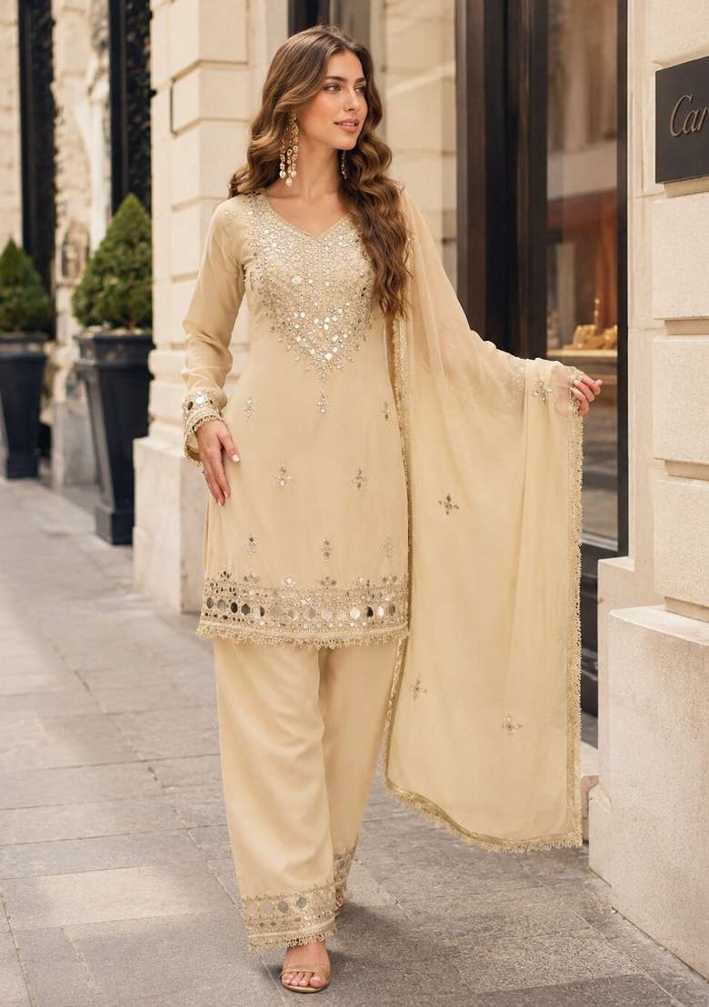 Off White Mirror Silk Kurta Set - Indya