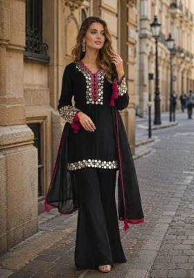 Black Embroidered Silk Kurta Set