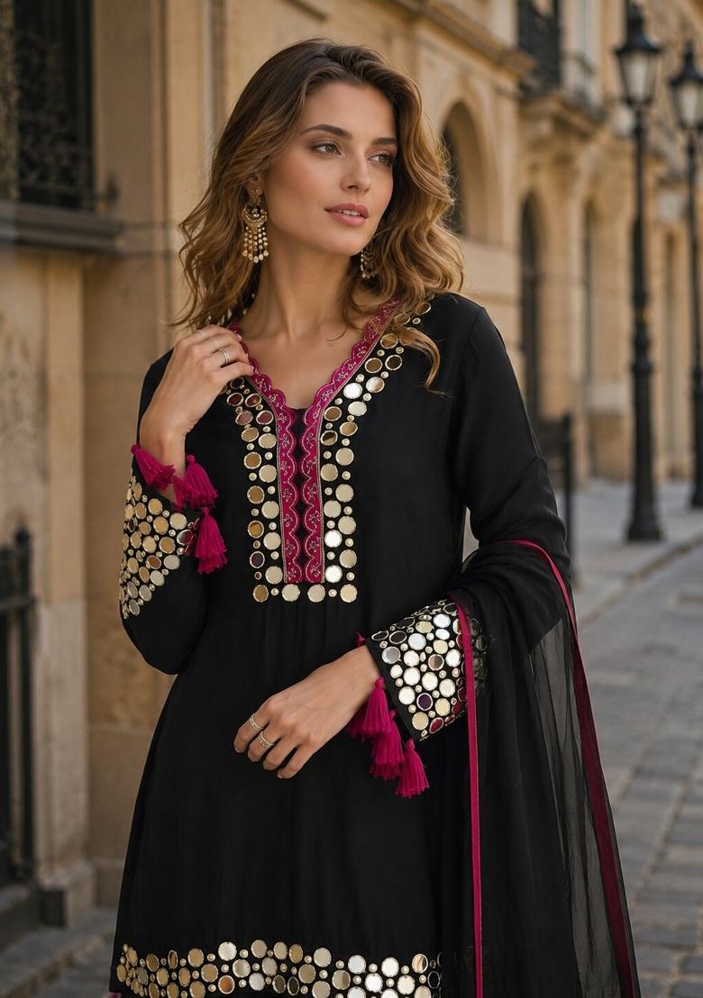 Black Embroidered Silk Kurta Set - Indya