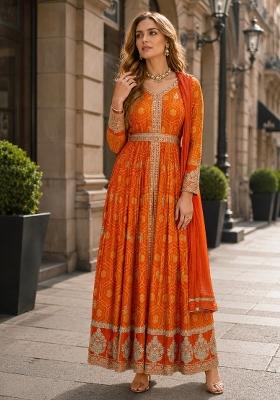 Orange Zari Work Silk Anarkali Set