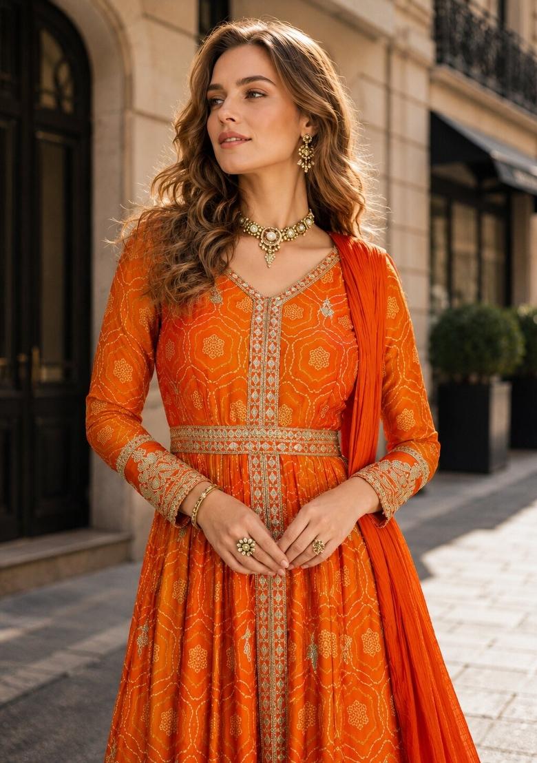 Orange Zari Work Silk Anarkali Set - Indya