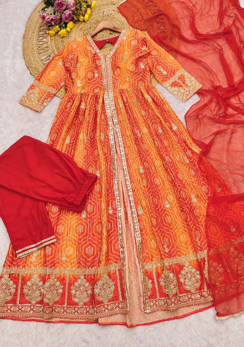 Orange Zari Work Silk Anarkali Set - Indya