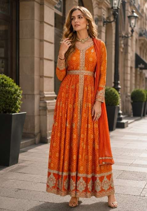 Orange Zari Work Silk Anarkali Set