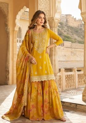 Mustard Embroidered Silk Kurta Set