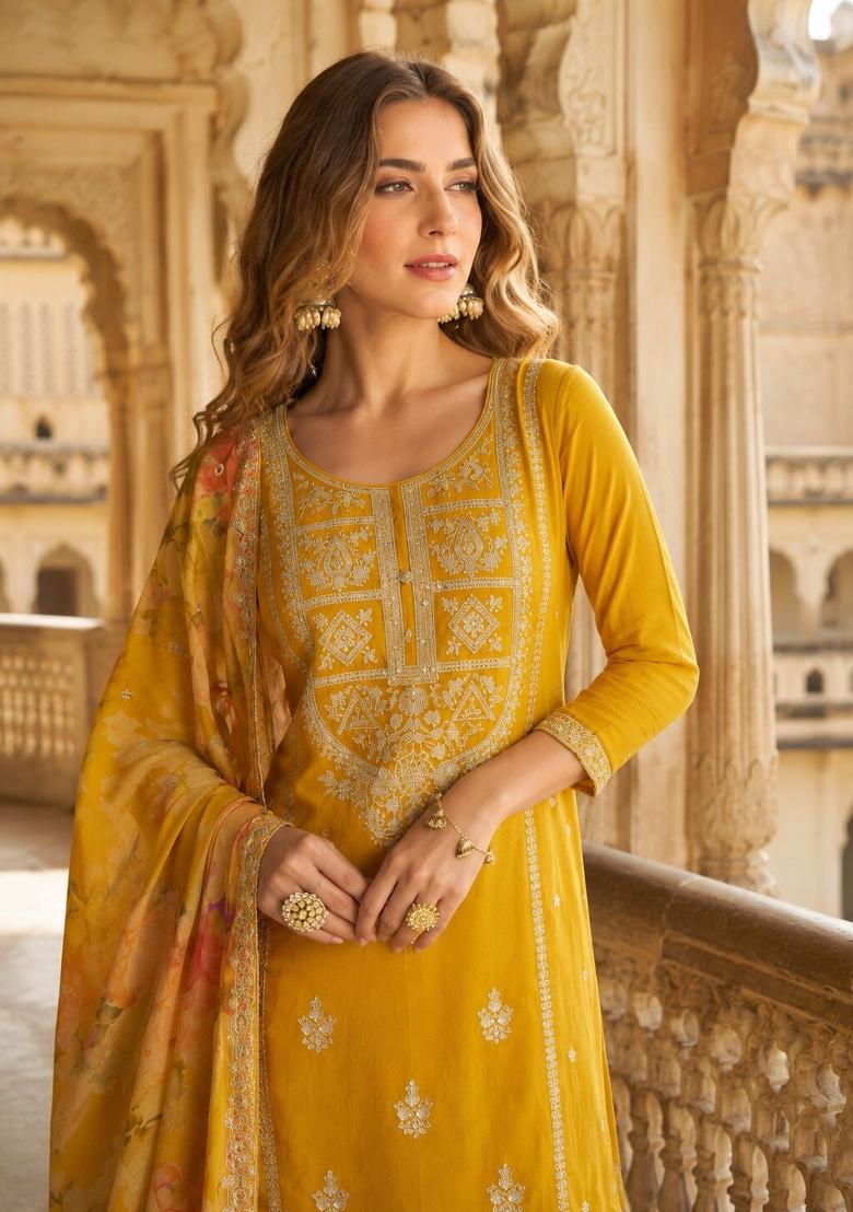 Mustard Embroidered Silk Kurta Set - Indya