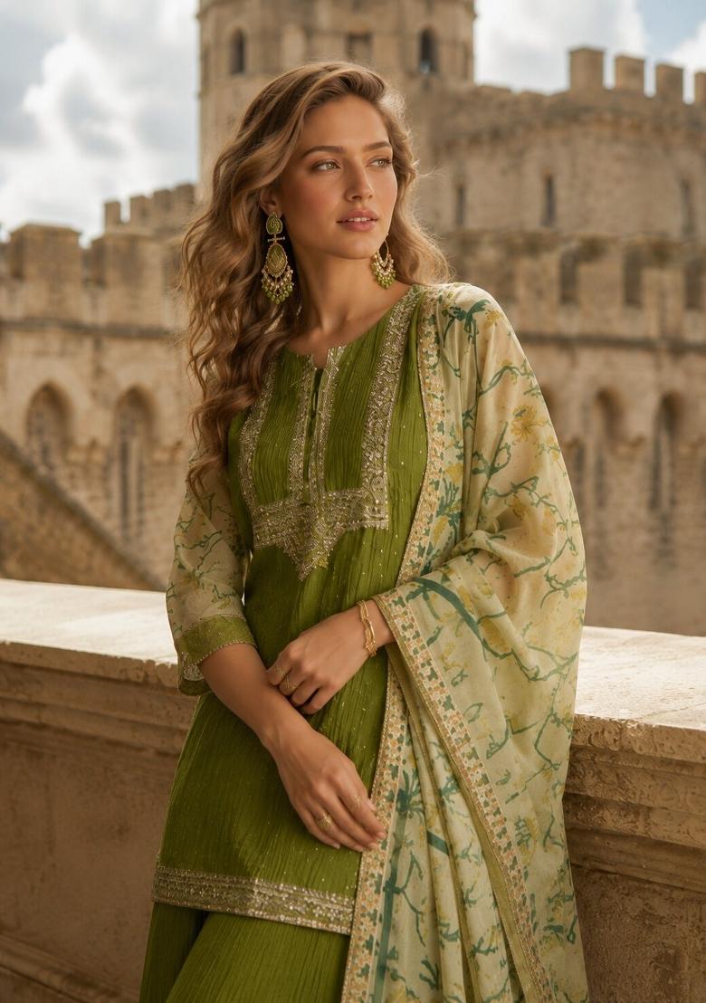 Green Embroidered Silk Kurta Set - Indya