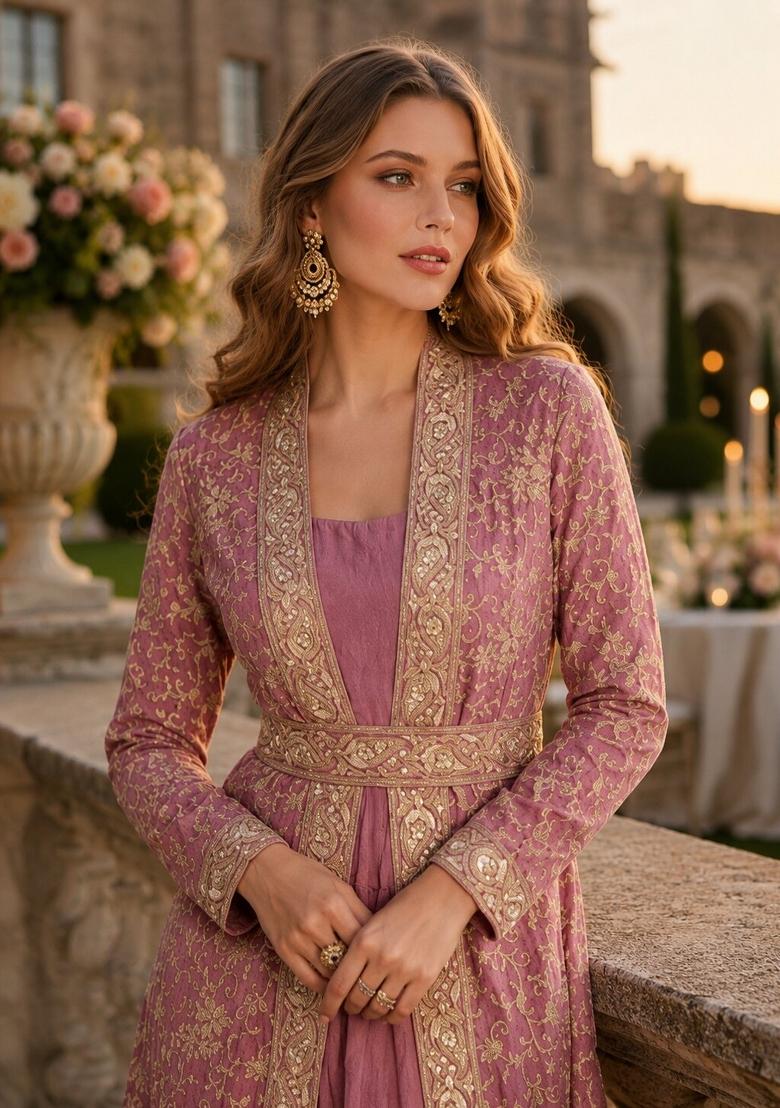 Pink Embroidered Silk Anarkali Set - Indya